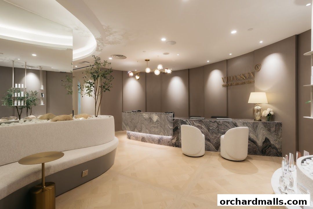 The reception area of VIDASKIN Medical Aesthetic Clinic features a modern design with marble counters and comfortable seating.
