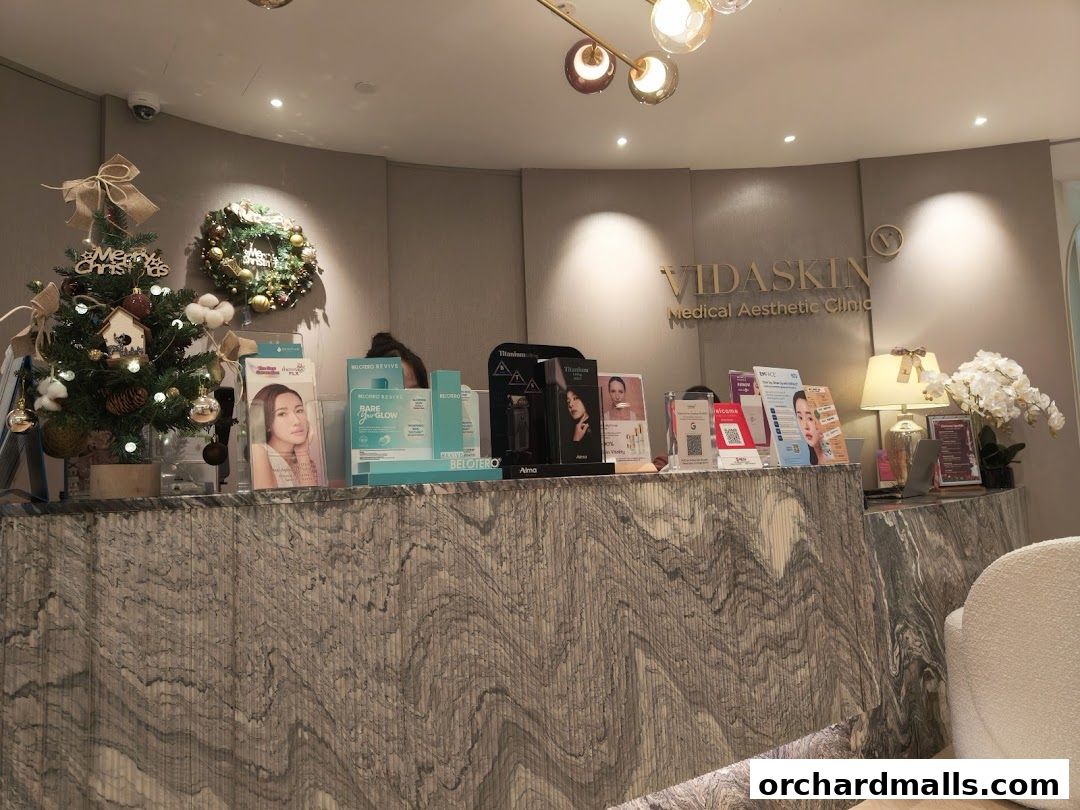 Reception desk of VIDASKIN Medical Aesthetic Clinic with Christmas decorations.