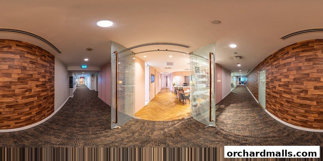 Interior view of a modern medical aesthetic clinic with wood-paneled walls and glass doors.