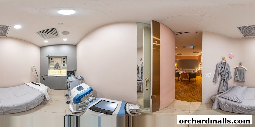 Interior of a medical aesthetic clinic with treatment beds, medical equipment, and a waiting area.