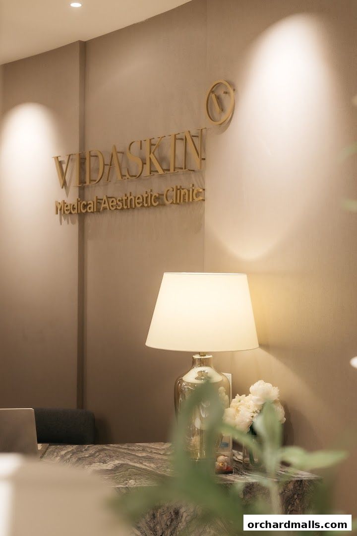 The reception area of VIDASKIN Medical Aesthetic Clinic with a logo and a lamp.