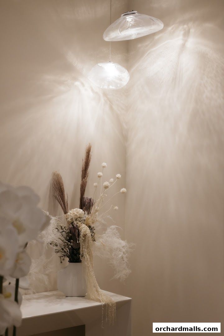 A decorative floral arrangement sits on a shelf beneath modern pendant lights.