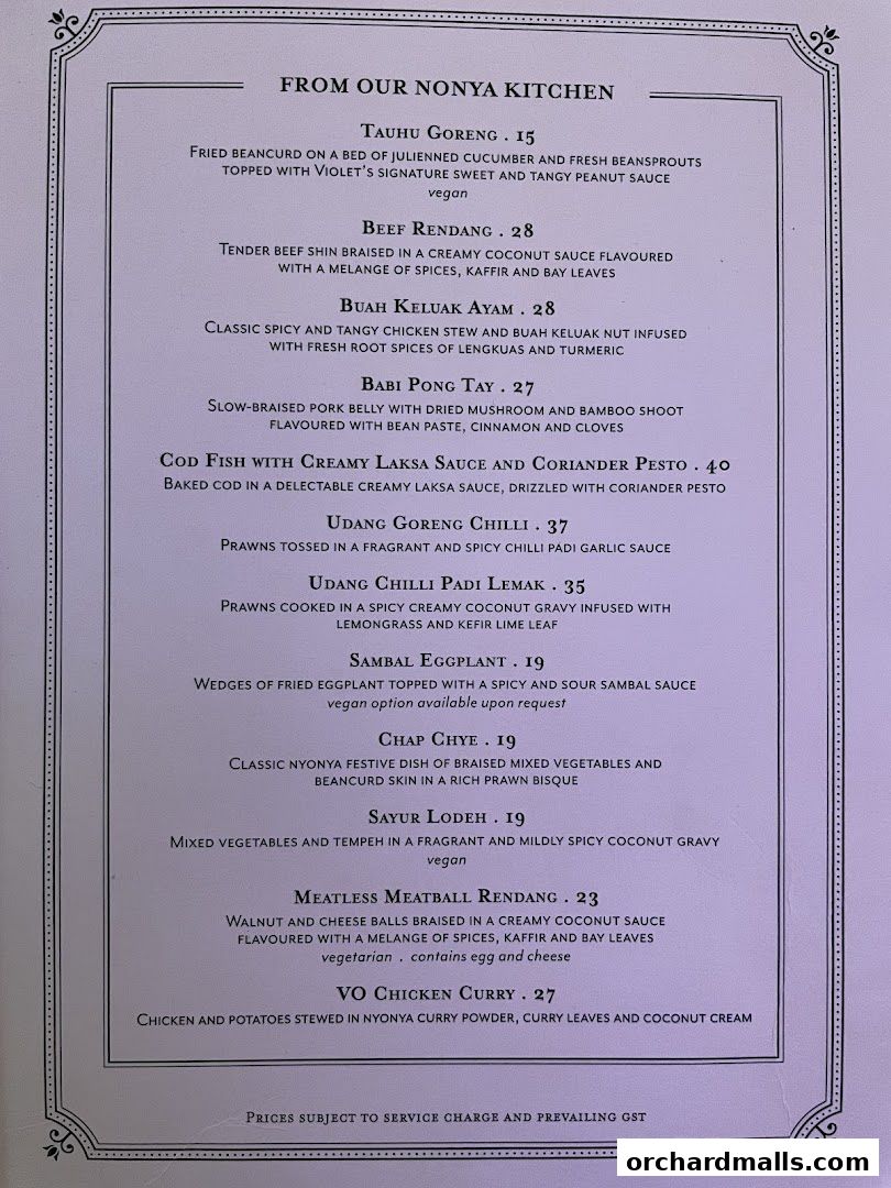 A menu from Violet Oon at ION Orchard featuring 'From Our Nonya Kitchen' dishes.