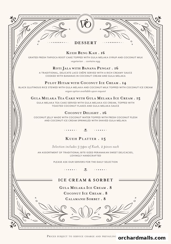 A dessert menu from Violet Oon at ION Orchard featuring traditional Peranakan sweets.