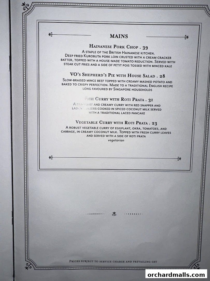 A menu from Violet Oon at ION Orchard featuring main courses.