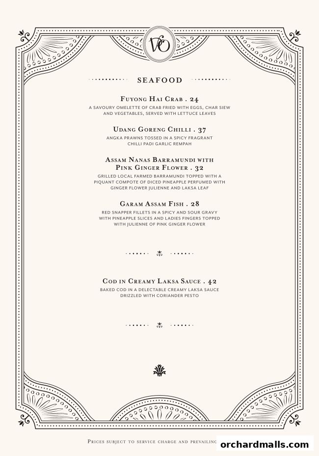 A menu from Violet Oon at ION Orchard featuring seafood dishes with descriptions and prices.