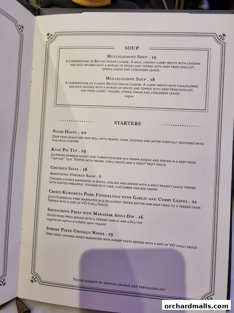 A menu from Violet Oon at ION Orchard featuring soups and starters.