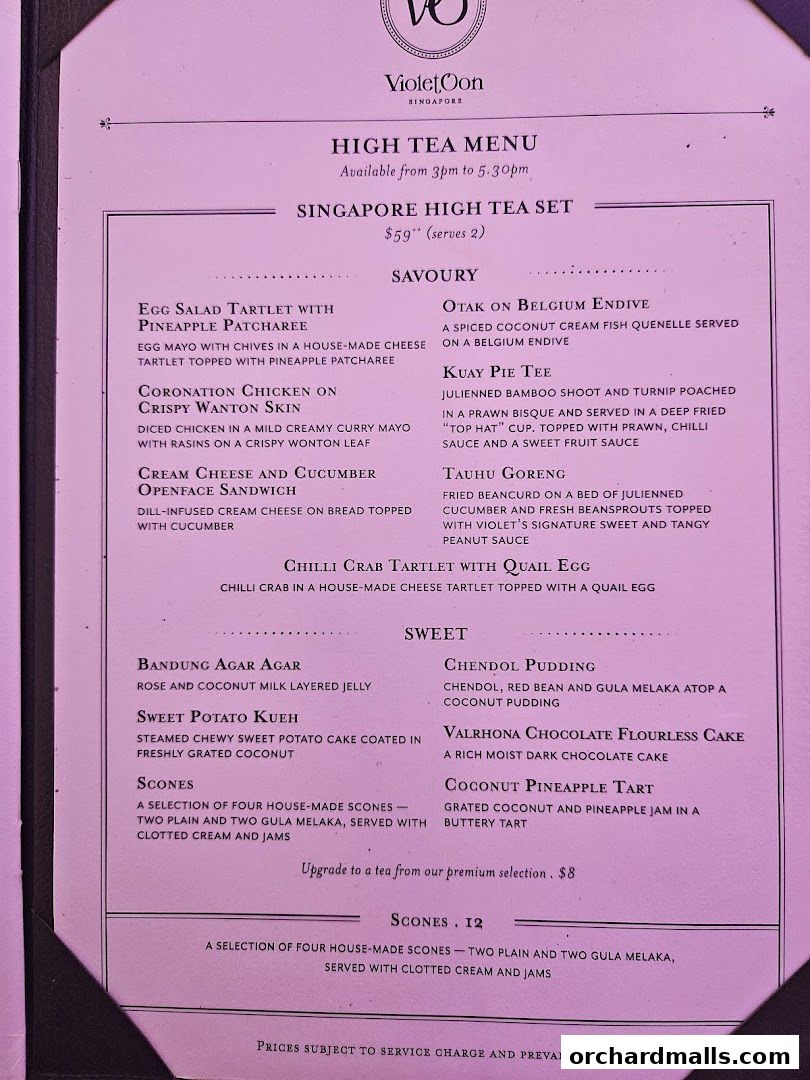 A menu for Violet Oon Singapore's High Tea Set, featuring savory and sweet items.