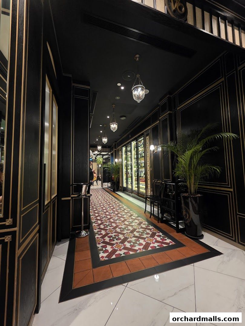 Elegant interior hallway with patterned carpet, ornate lighting, and a wine display.