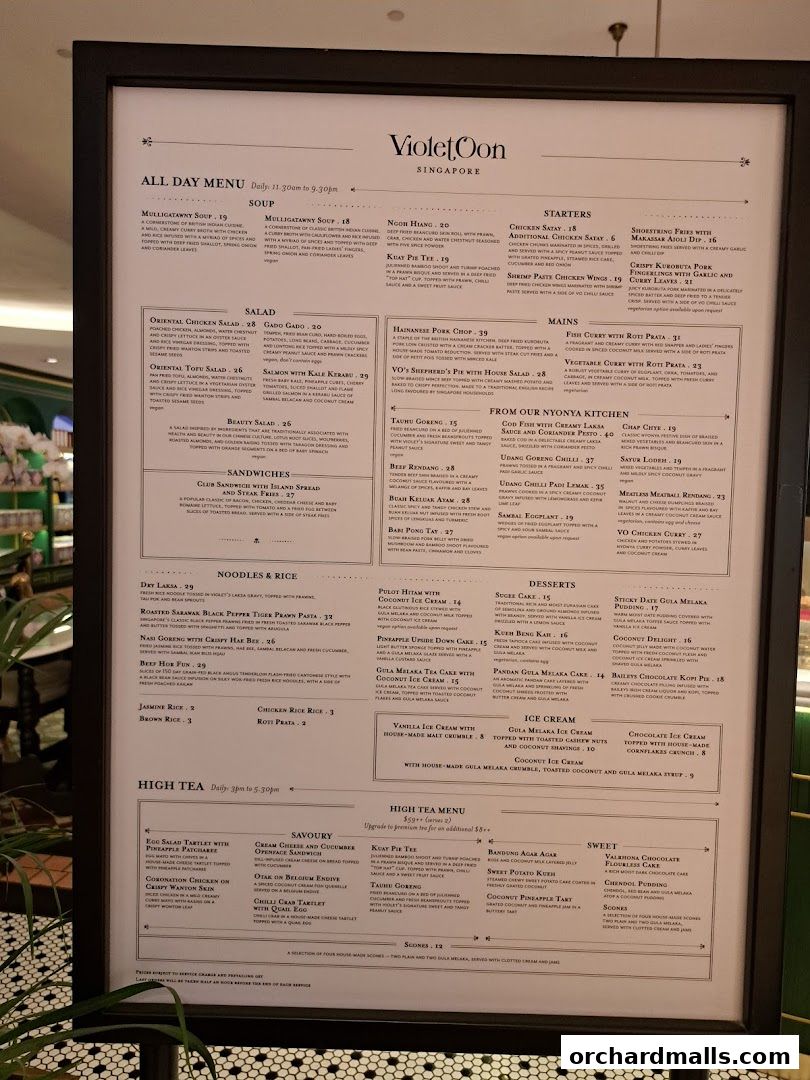 A menu from Violet Oon Singapore featuring a variety of soups, salads, starters, mains, noodles, rice, high tea, and desserts.