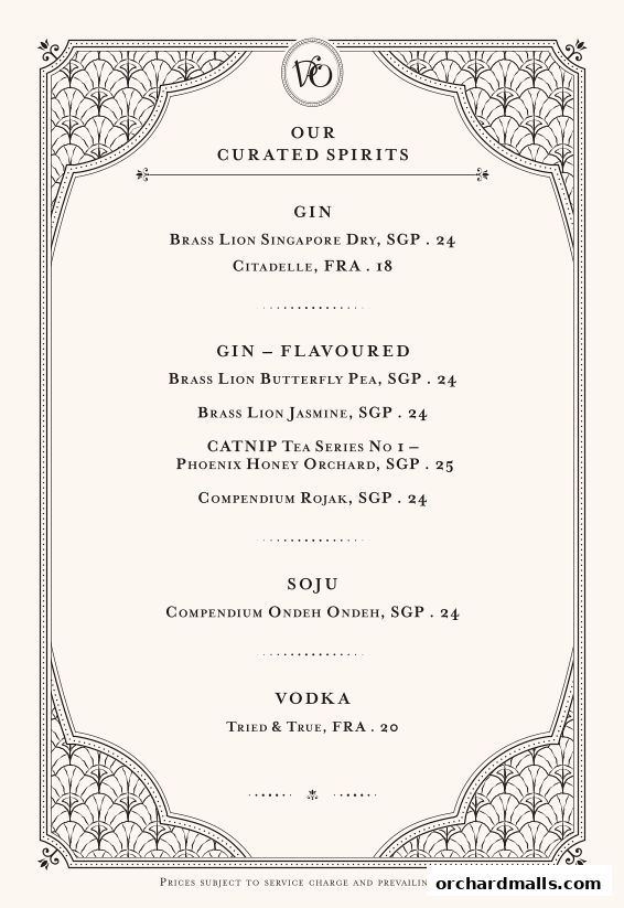 A menu featuring curated spirits including Gin, Soju, and Vodka with prices.