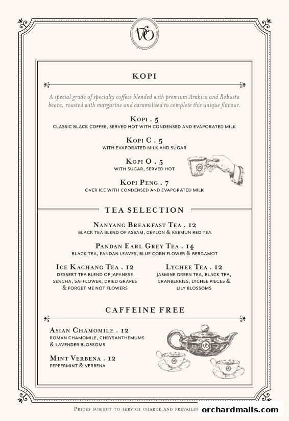 A menu featuring Kopi coffee and a selection of teas, including caffeine-free options.