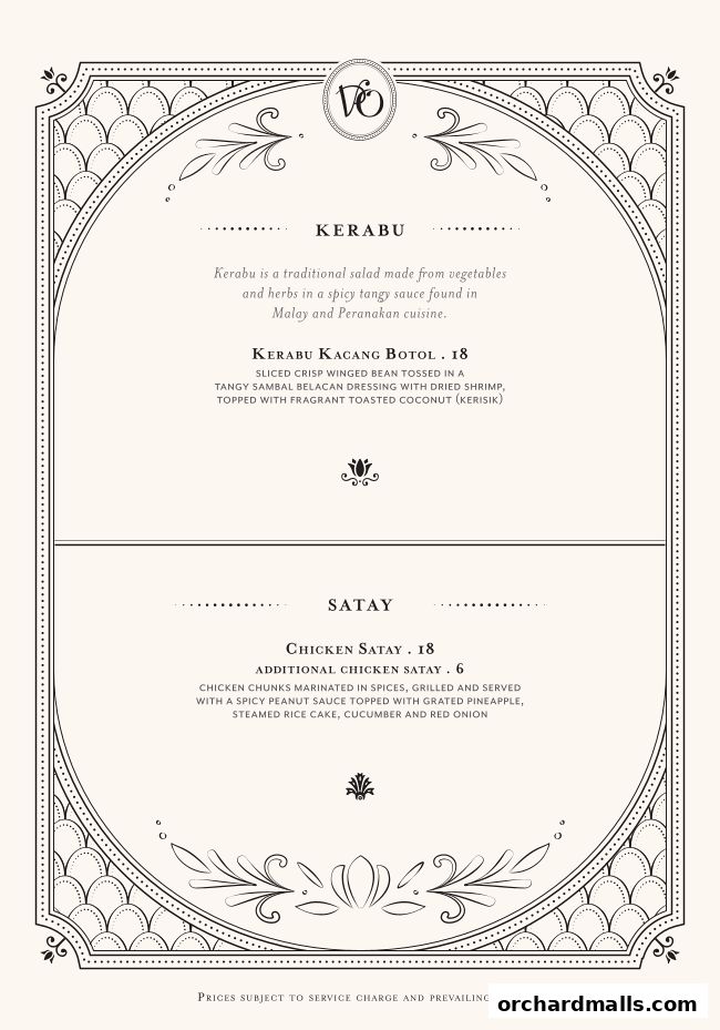 A menu from Violet Oon at ION Orchard featuring Kerabu and Satay dishes.