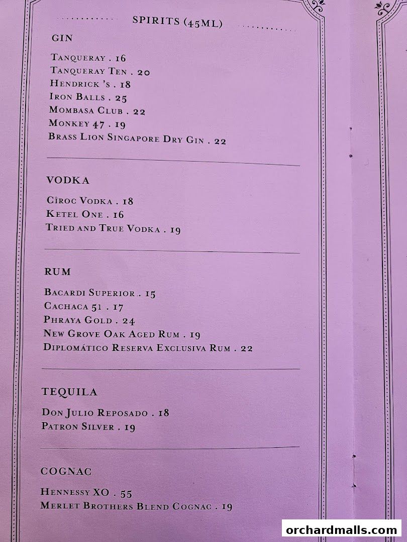 A menu listing various spirits, including gin, vodka, rum, tequila, and cognac with prices.