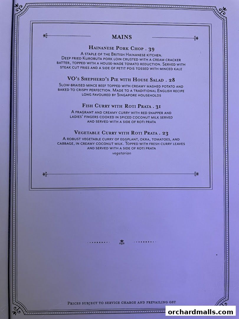 A menu from Violet Oon at ION Orchard featuring mains like Hainanese Pork Chop and Fish Curry.