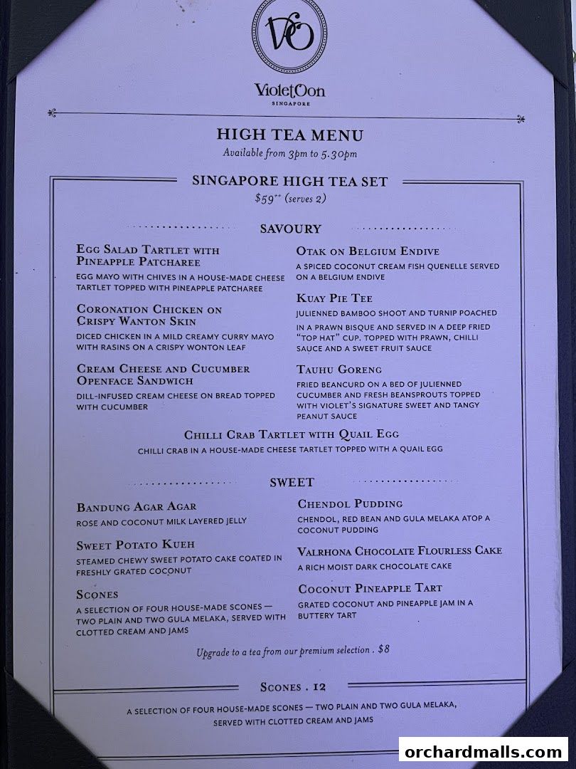 A menu for Violet Oon's Singapore High Tea Set, featuring savory and sweet items.