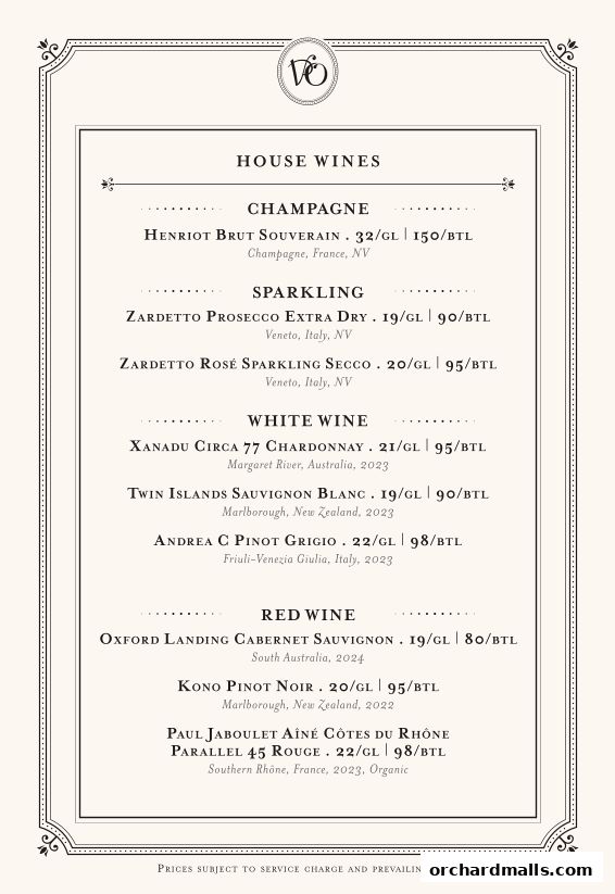 A menu featuring house wines, including champagne, sparkling, white, and red wine selections.
