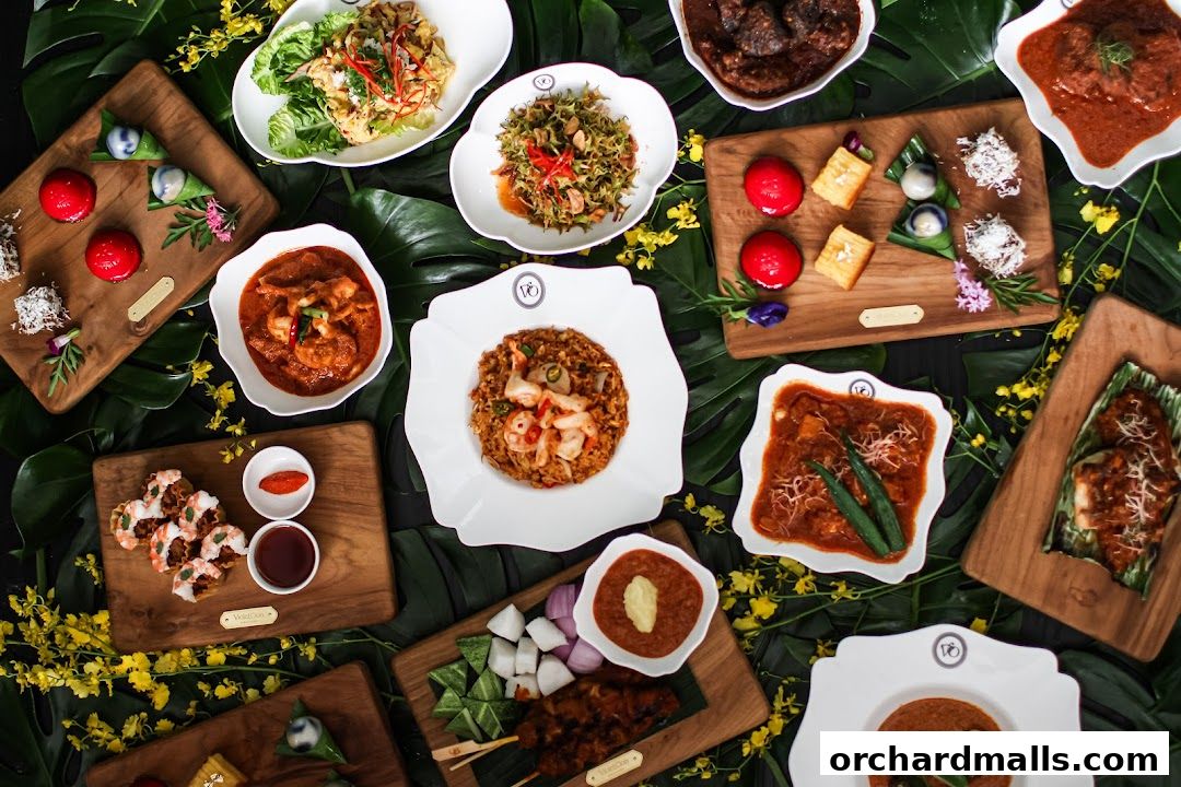 A vibrant spread of Southeast Asian dishes, including curries, satay, and desserts, artfully arranged on a dark background with tropical leaves.