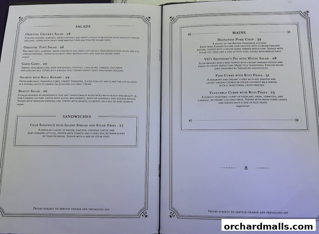 A menu from Violet Oon at ION Orchard featuring salads, mains, and sandwiches.