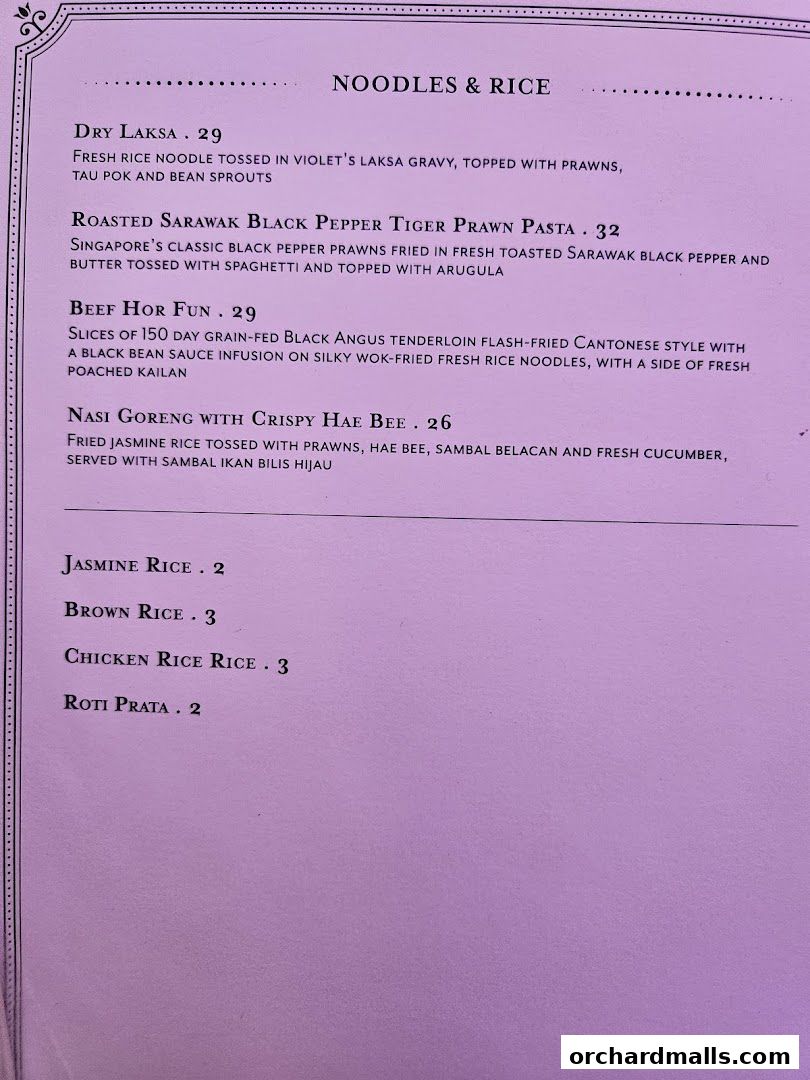 A menu page from Violet Oon at ION Orchard featuring noodles and rice dishes.