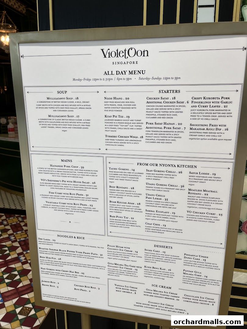 A menu board for Violet Oon Singapore, featuring an all-day menu with various categories and prices.