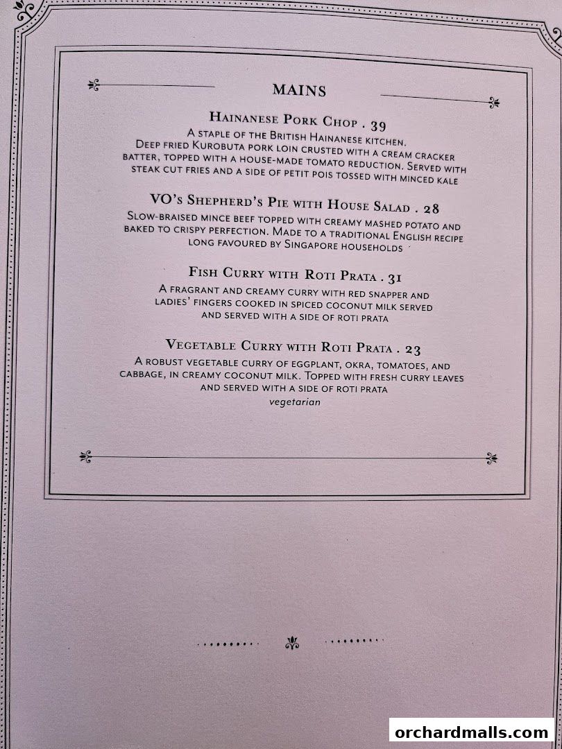 A menu featuring main courses with descriptions and prices.