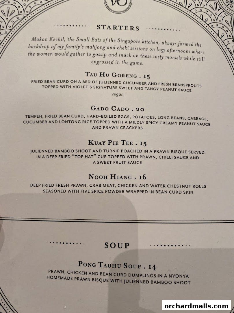 A menu from Violet Oon at ION Orchard featuring starters and soup dishes.