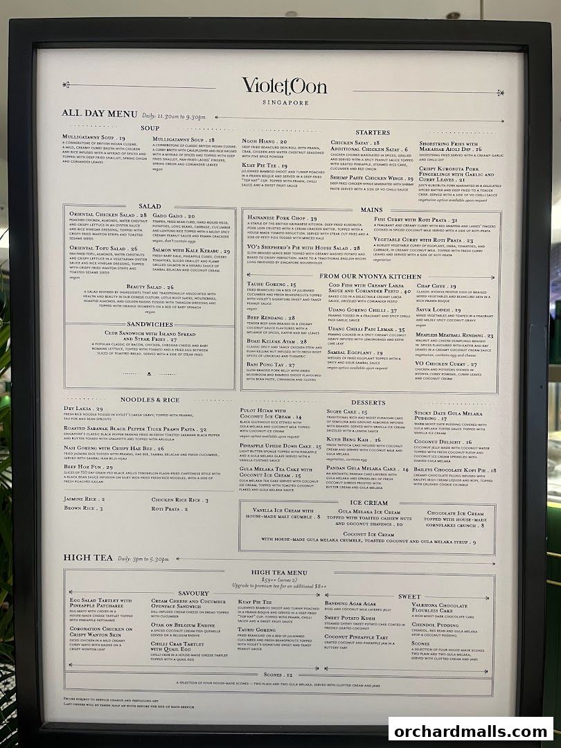 A menu for Violet Oon Singapore, featuring all-day dining, starters, mains, desserts, and high tea.