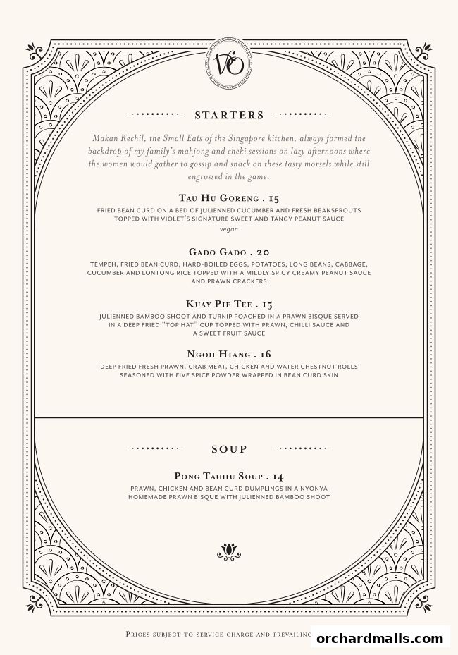 A menu from Violet Oon at ION Orchard featuring starters and soup dishes.