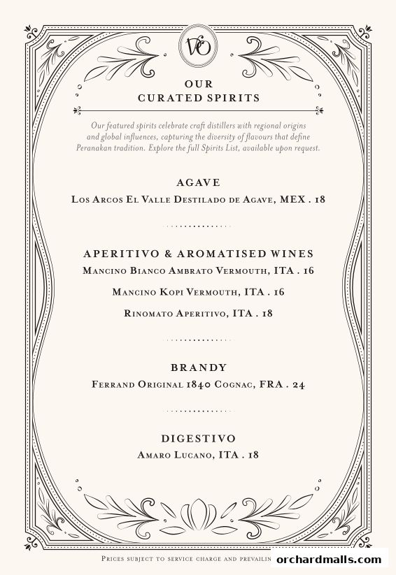 A menu featuring curated spirits including Agave, Aperitivo & Aromatised Wines, Brandy, and Digestivo.