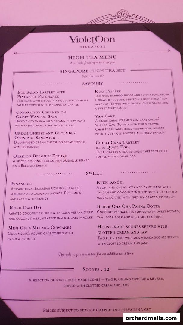 A menu for Violet Oon Singapore's High Tea Set, featuring savory and sweet items.