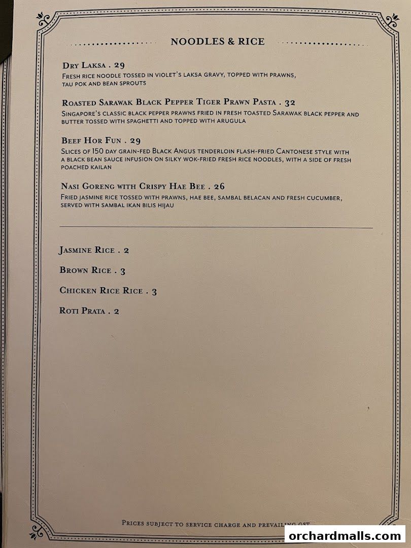 A menu featuring noodles, rice dishes, and sides with descriptions and prices.