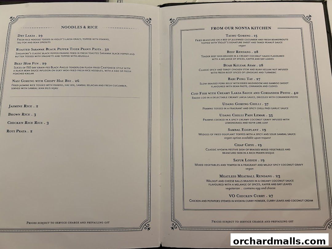 A menu from Violet Oon at ION Orchard featuring Nonya cuisine and noodles.