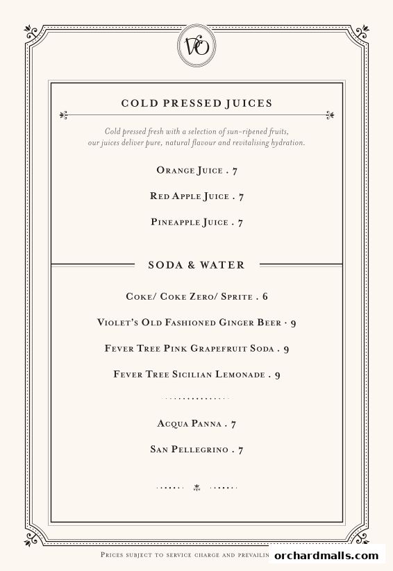 A menu from Violet Oon at ION Orchard featuring cold pressed juices and sodas.