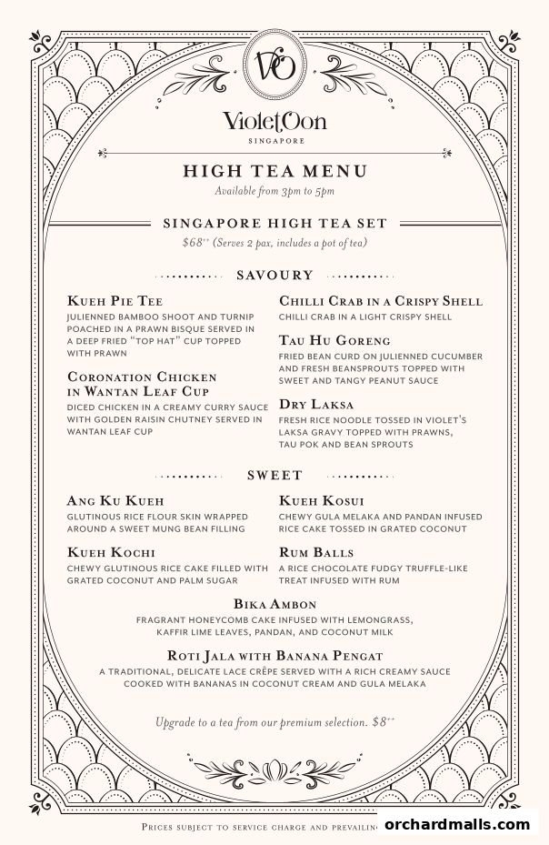 A menu for Violet Oon's Singapore High Tea Set, featuring savory and sweet items.