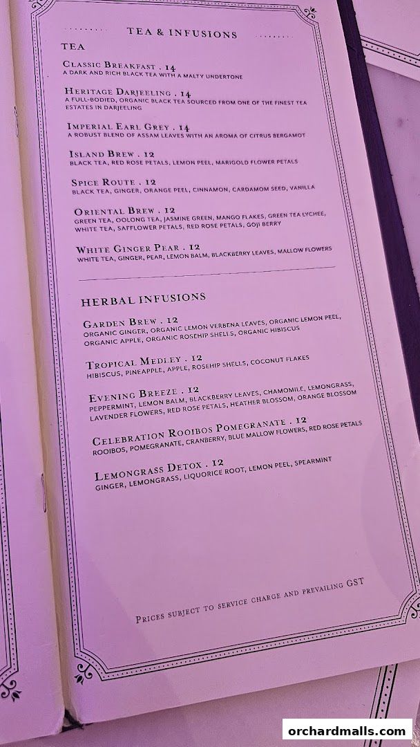 A menu featuring a selection of teas and herbal infusions with descriptions and prices.