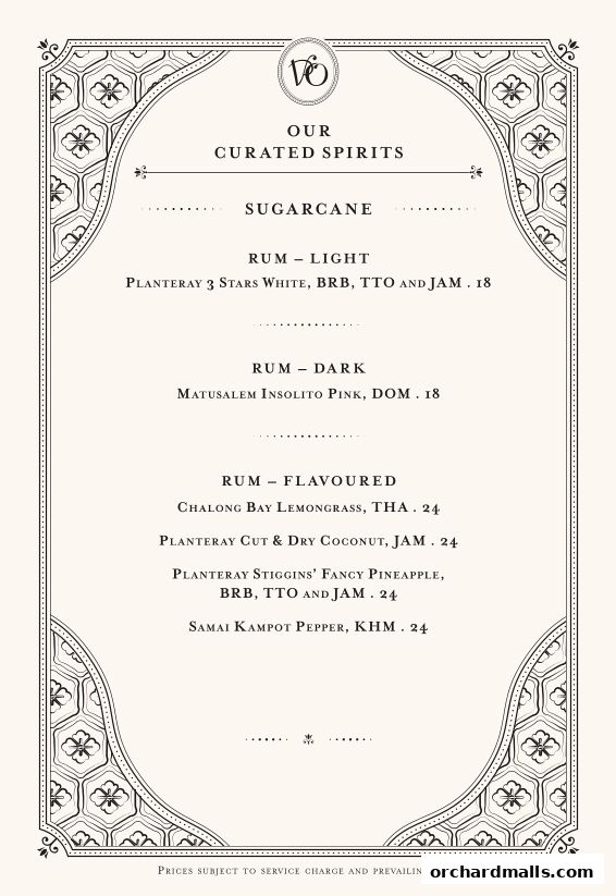 A menu showcasing curated spirits, featuring various rum selections and prices.