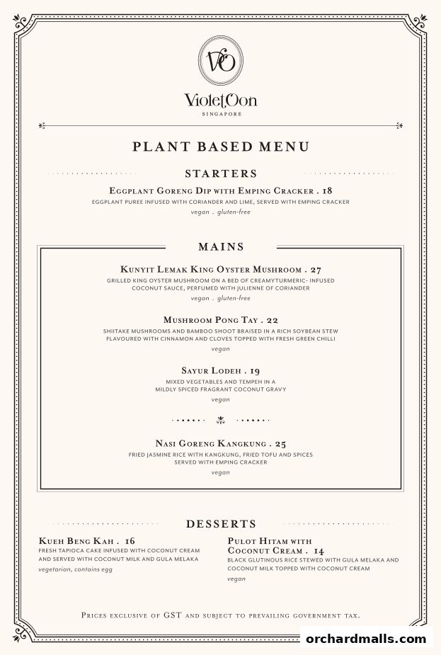 A plant-based menu from Violet Oon Singapore featuring starters, mains, and desserts.