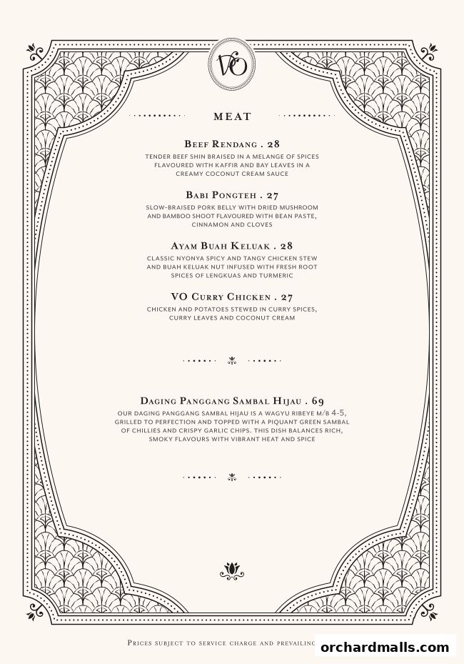 A menu page from Violet Oon featuring a selection of meat dishes with descriptions and prices.