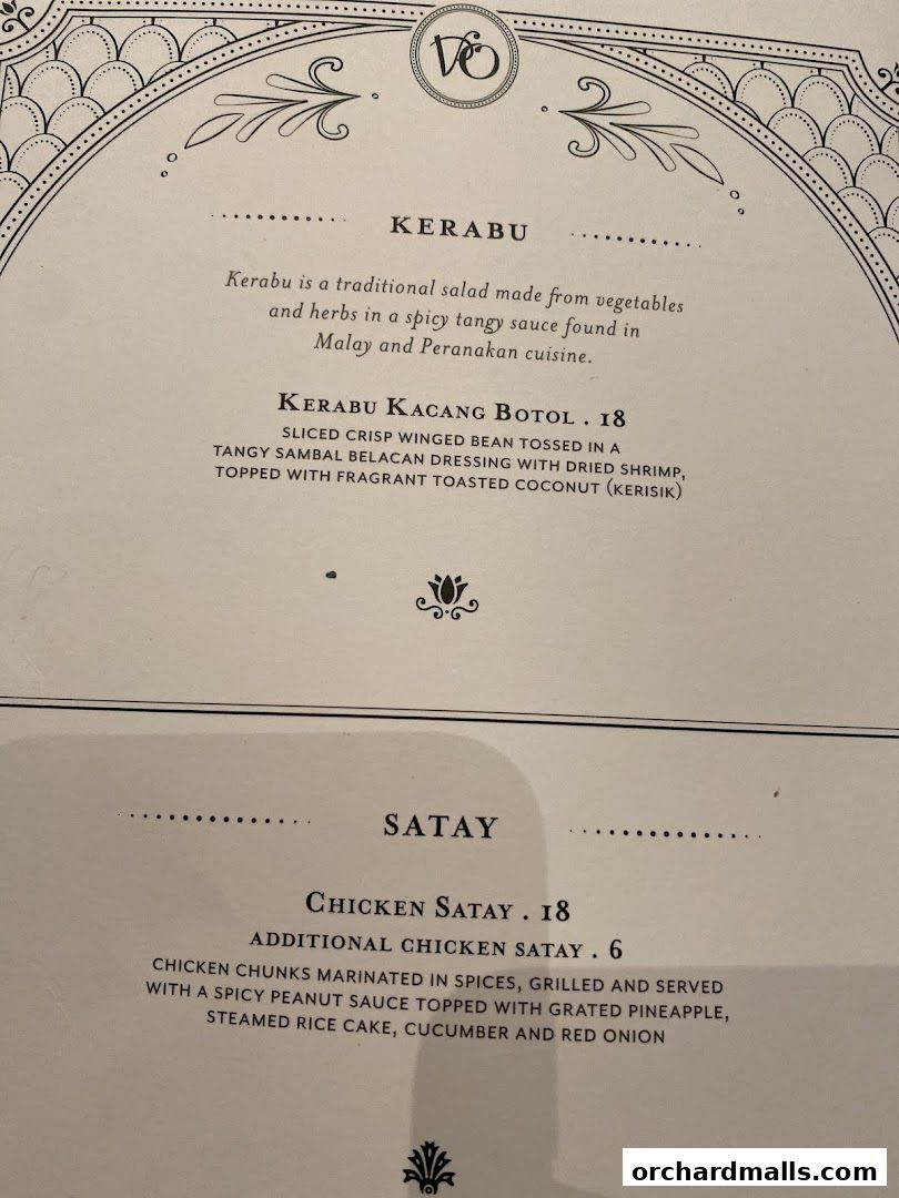 A menu from Violet Oon at ION Orchard featuring Kerabu and Satay dishes.