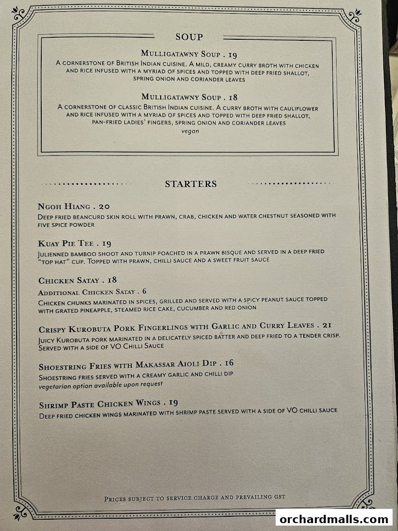 A menu from Violet Oon at ION Orchard featuring soups and starters.