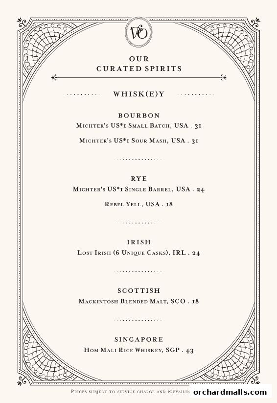 A menu showcasing a curated selection of whiskies, bourbons, rye, Irish, Scottish, and Singaporean spirits.