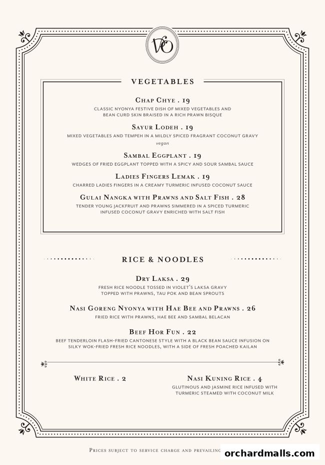 A menu from Violet Oon at ION Orchard featuring vegetables, rice, and noodle dishes.
