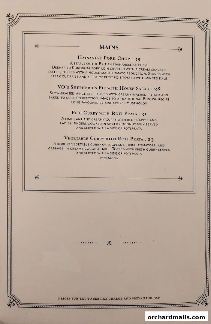 A menu from Violet Oon at ION Orchard featuring main courses like Hainanese Pork Chop and Fish Curry.