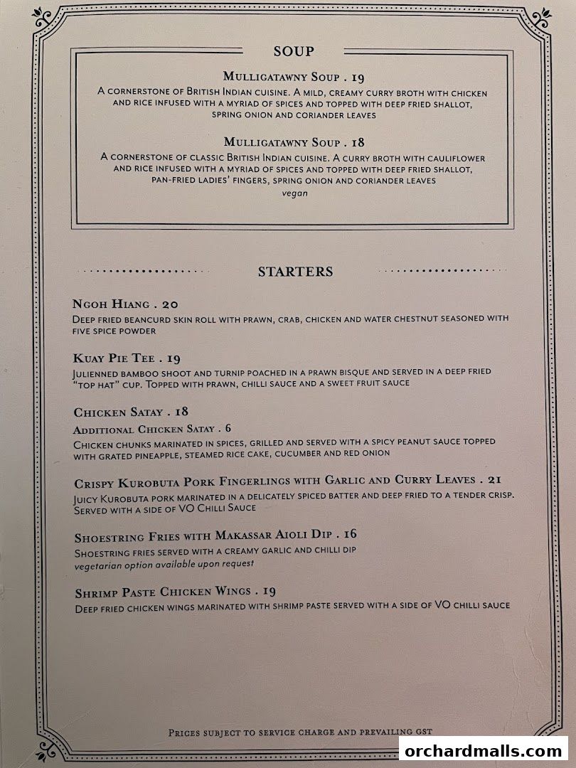 A menu from Violet Oon at ION Orchard featuring soups and starters.