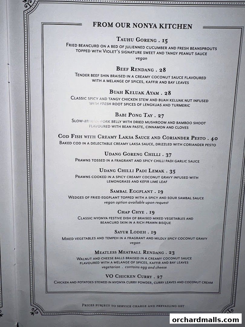 A menu from Violet Oon at ION Orchard featuring Nonya cuisine dishes.