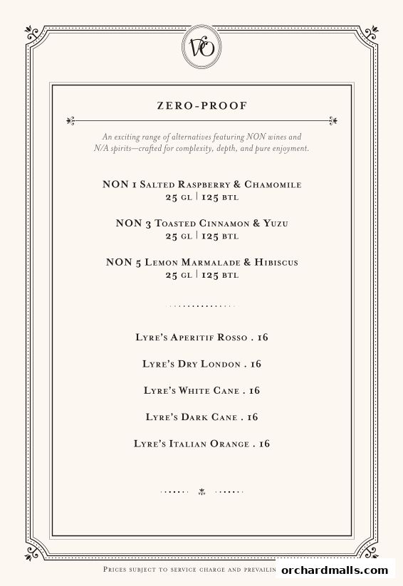 A menu page featuring zero-proof drinks with various flavors and Lyre's spirits.