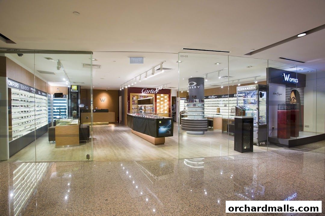Interior view of W Optics, an eyewear store showcasing various brands of glasses.