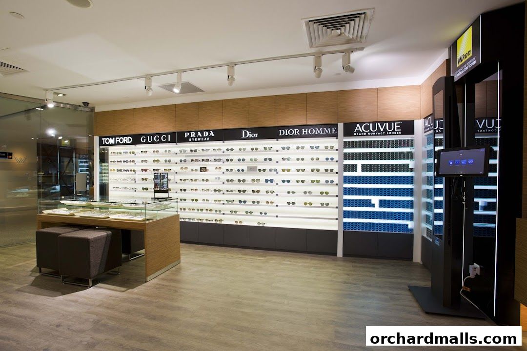 Interior of an optical shop displaying various brands of eyewear and contact lenses.