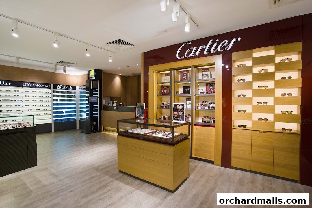 Interior of an optical shop showcasing various eyewear brands and a Cartier display.